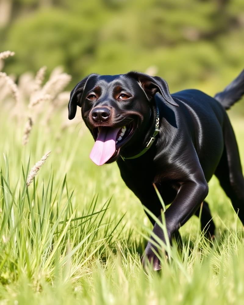 Black lab running through grass